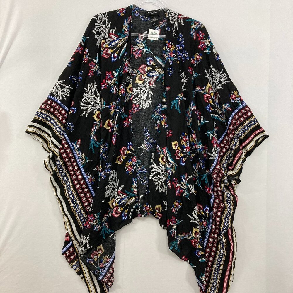 New‎ Marcus Adler One Size  Black Multi Floral Open Flowy Kimono Duster Vacation